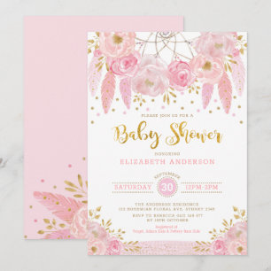 Invitation Baby shower floral Boho Pink and Gold Dreamcatcher