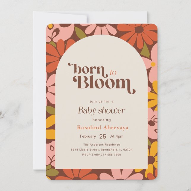 Invitation Baby Shower Floral Boho Rétro Groovy (Devant)