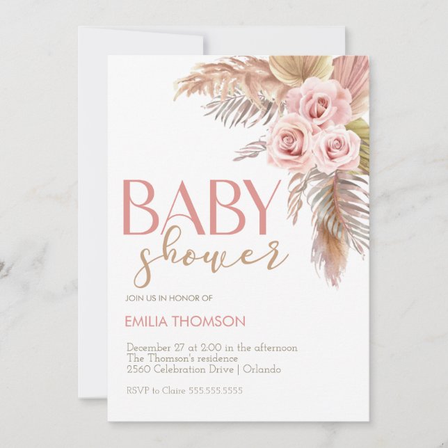 Invitation Baby shower floral Boho rose (Devant)