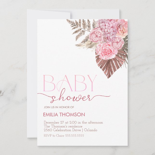 Invitation Baby shower Floral Boho Rose (Devant)