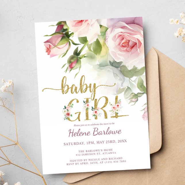 Invitation Baby shower Floral Boho Rose rose vif (Blush Pink Gold Rose Floral Boho Girl Baby Shower Invitation)