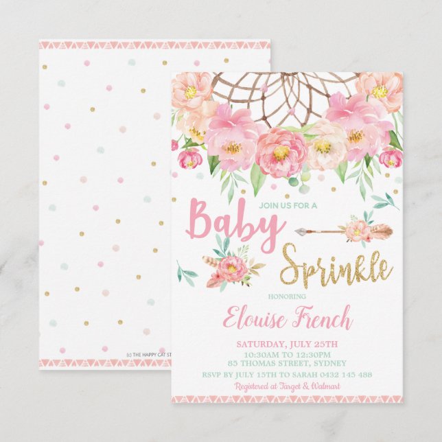 Invitation Baby shower Floral Boho Sprinkle Dream Catcher (Devant / Derrière)
