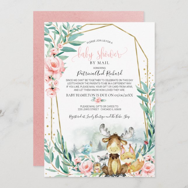 Invitation Baby shower Floral Bois Par Mail (Devant / Derrière)