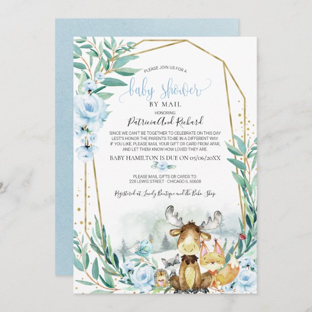 Invitation Baby shower Floral Bois Par Mail (Devant / Derrière)