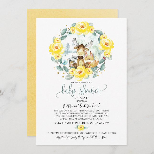 Invitation Baby shower Floral Boisé Migné Par Mail (Devant / Derrière)