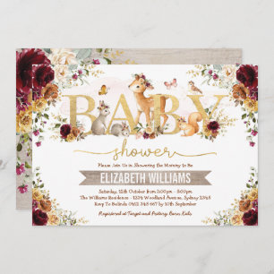 Invitation Baby shower Floral Boisé Orange Bourgogne Automne