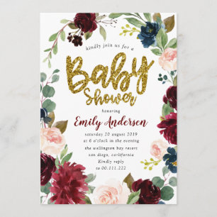 Invitation Baby shower floral bordeaux parties scintillant Fa