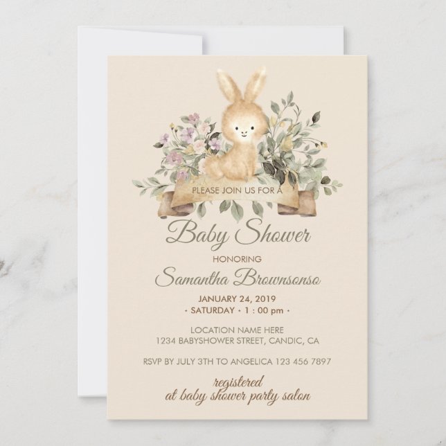 Invitation Baby shower floral botanique lapin crème (Devant)