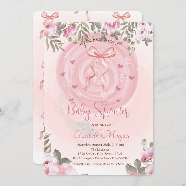 Invitation Baby shower Floral Bow rose (Devant / Derrière)