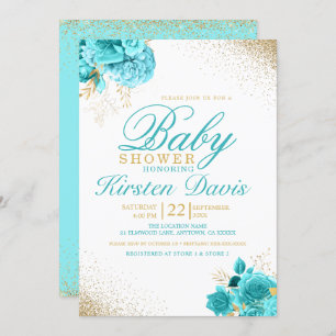 Invitation Baby shower Floral Boy Aqua and Gold Parties scint