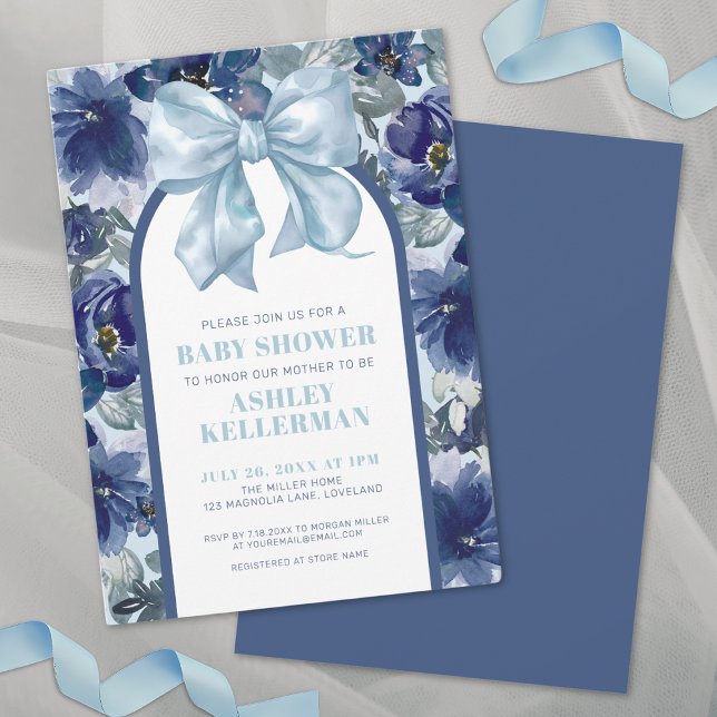 Invitation Baby shower Floral Boy Blue Bow (Floral Boy Blue Bow Baby Shower Invitation)