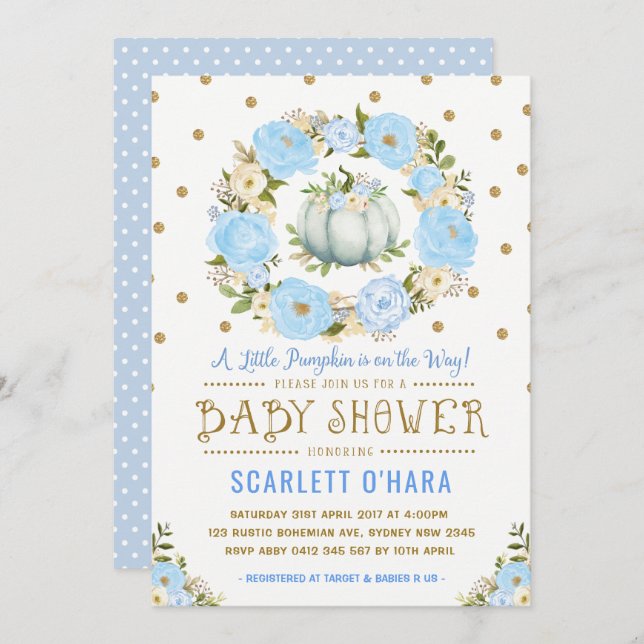 Invitation Baby shower Floral Boy Citrouille Blue Gold (Devant / Derrière)