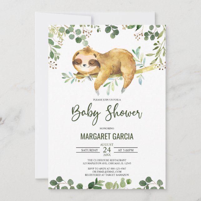 Invitation Baby shower Floral Boy Cute Sloth (Devant)