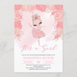 Invitation Baby shower floral brun de tutu doré Rose