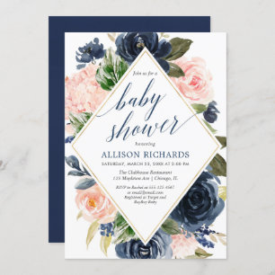 Invitation baby shower floral brun et de marine