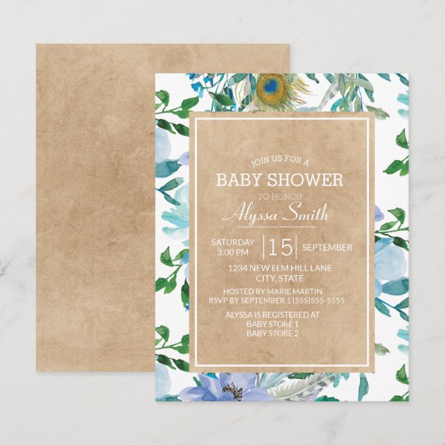 Invitation Baby Shower Floral Brun Rustique Bleu Blanc (Devant / Derrière)