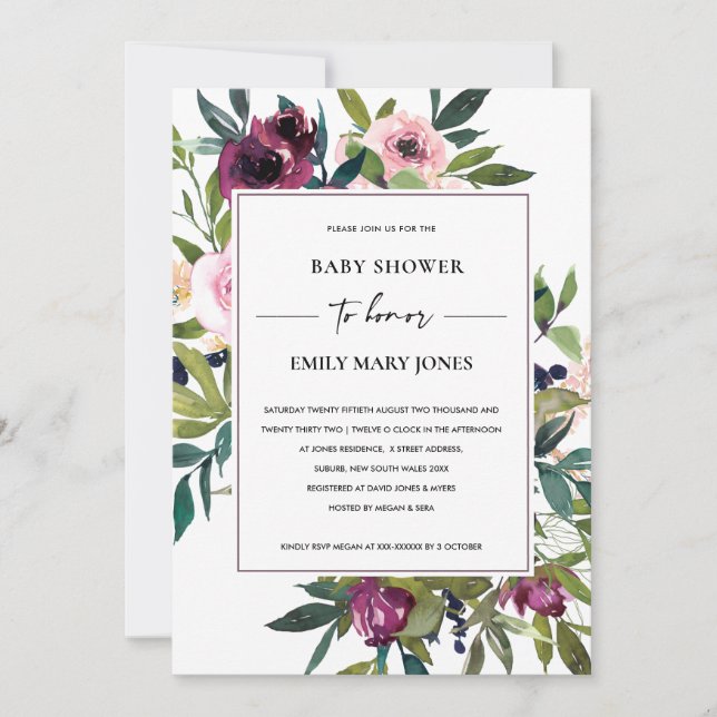 INVITATION BABY SHOWER FLORAL BURGUNDY BURGUNDY LUMINEUX (Devant)