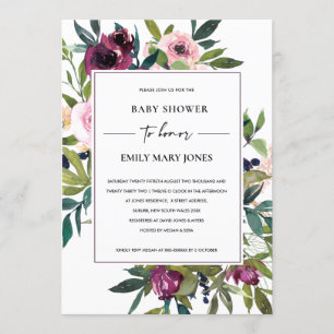 INVITATION BABY SHOWER FLORAL BURGUNDY BURGUNDY LUMINEUX
