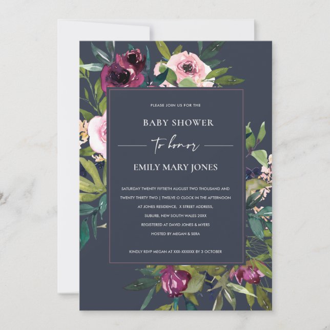 INVITATION BABY SHOWER FLORAL BURGUNDY DE MARINE (Devant)