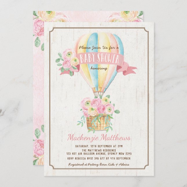 Invitation Baby shower floral chaud chic de fille de rose de (Devant / Derrière)