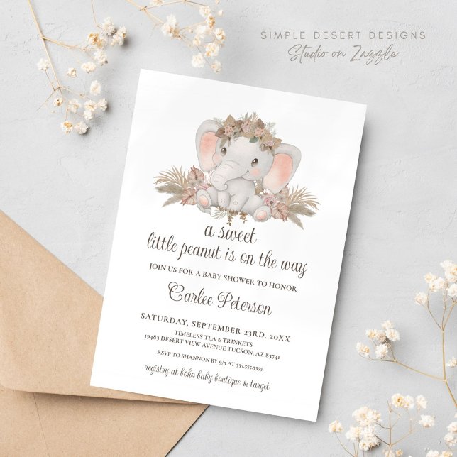 Invitation Baby shower floral chic Boho (Cute Elephant Baby Shower Invitation with Boho Floral Pampas Grass Gender Neutral)