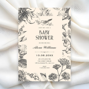Invitation Baby shower floral chiné botanique vintage