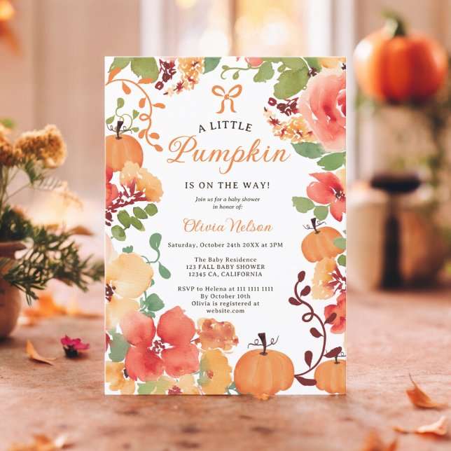 Invitation Baby shower floral citrouille Boho Little (Fall Boho Little pumpkin baby shower Invitation)
