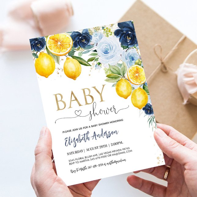 Invitation Baby shower floral Citrus citron bleu et marine (Créateur téléchargé)