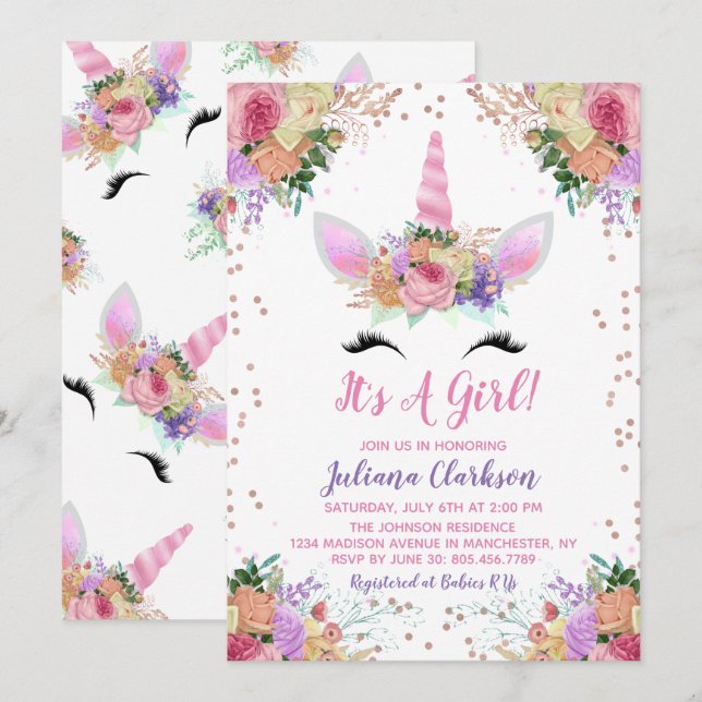Invitation Baby shower floral clair Unicorn (Devant / Derrière)