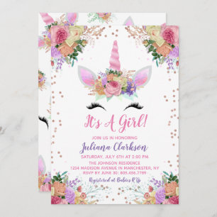 Invitation Baby shower floral clair Unicorn