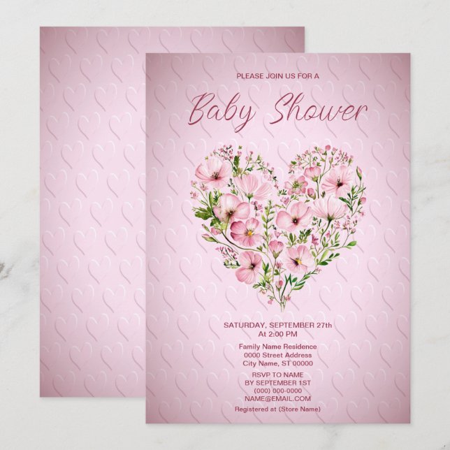 Invitation Baby shower Floral Coeur Rose (Devant / Derrière)