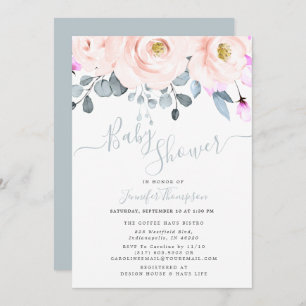 Invitation Baby shower floral couleur bleu clair et bleu fonc