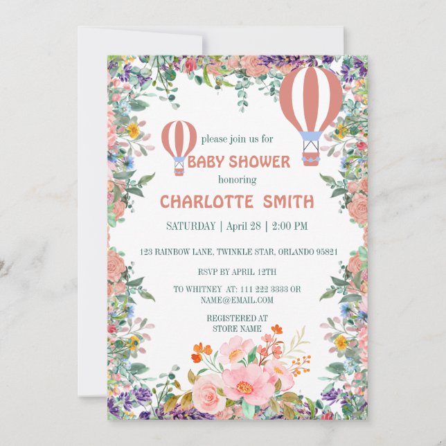 Invitation Baby shower floral couleur bleu rose pâle (Devant)