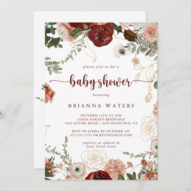 Invitation Baby shower Floral couleur or rustique (Devant / Derrière)
