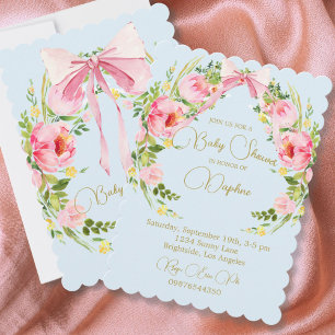 Invitation Baby shower Floral Crest Regency Bow rose Bleu