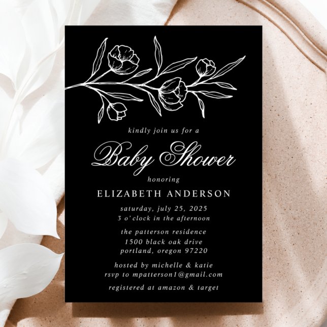 Invitation Baby shower floral croisé noir et blanc (Créateur téléchargé)