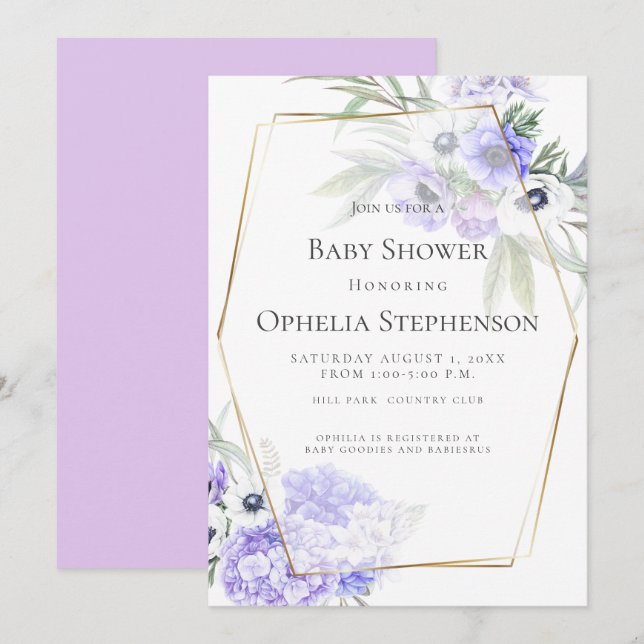 Invitation Baby shower | Floral d'anémone violet (Devant / Derrière)