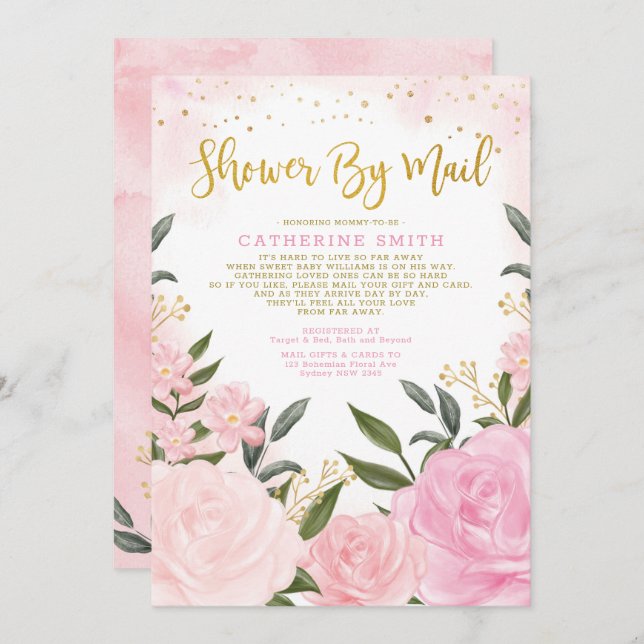 Invitation Baby shower floral d'aquarelle dorée par la poste (Devant / Derrière)
