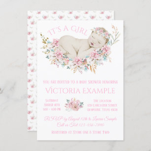 Invitation Baby shower floral d'aquarelle en pastel de filles