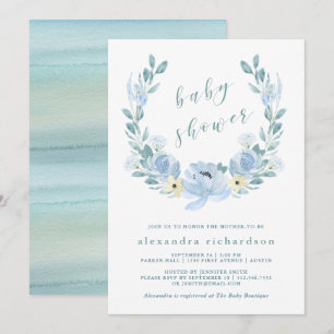 Invitation Baby shower floral d'aquarelle sensible du bleu
