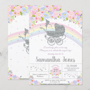 Invitation Baby shower floral d'argent Fairy Vintage Pram