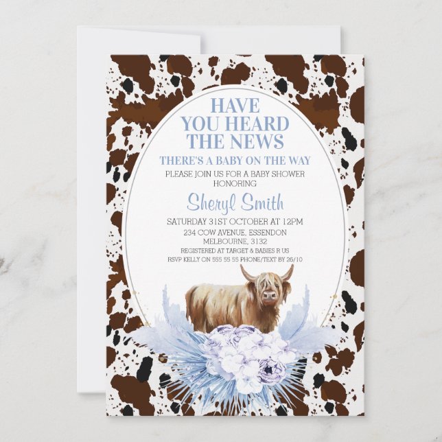 Invitation Baby shower Floral de Boho de vache à la vache Blu (Devant)