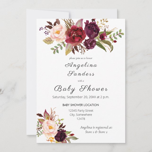 Invitation Baby shower Floral de Bourgogne-Marsala (Devant)