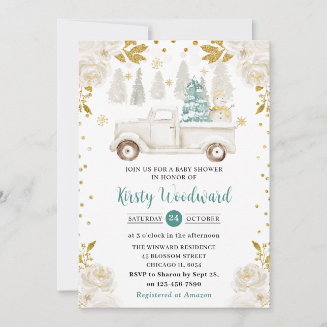 Invitation Baby shower Floral de camion blanc et or hiver (Devant)