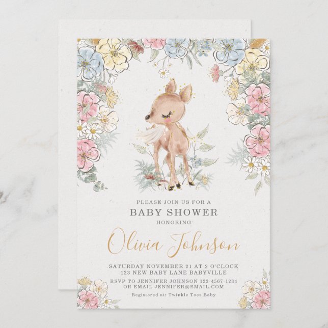 Invitation Baby shower floral de cerfs de bois (Devant / Derrière)