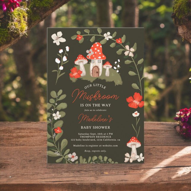Invitation Baby shower floral de champignons de bois (Whimsical woodland mushrooms floral baby shower invitation on dark green)
