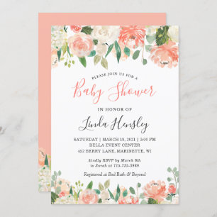 Invitation Baby shower floral de Coral et de Pêche en tendanc