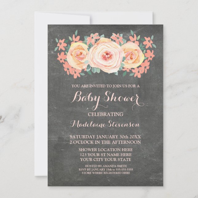 Invitation Baby shower floral de couleur d'eau de la pêche en (Dos)