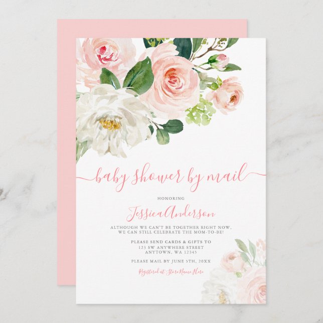 Invitation Baby shower Floral de couleur rose par courrier (Devant / Derrière)