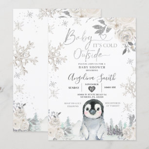 Invitation Baby shower floral de flocons de neige blanc créme